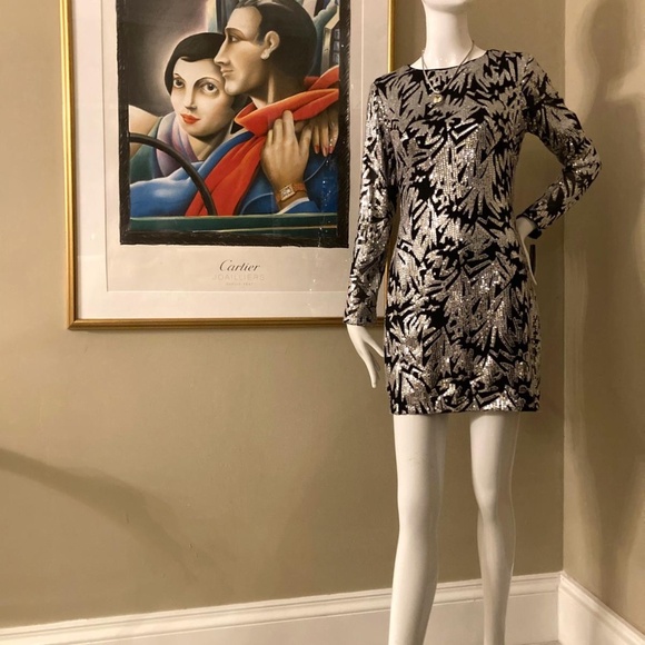 🆕🏷️  Aqua Black & Silver Sequin Long Sleeve Mini Dress – Bloomingdale’s - Picture 4 of 16